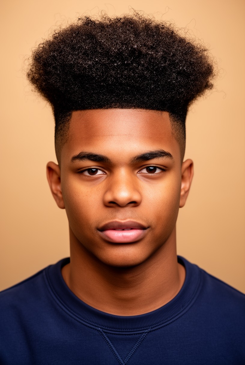 Homme noir au visage rond avec un taper afro volumineux sur le dessus