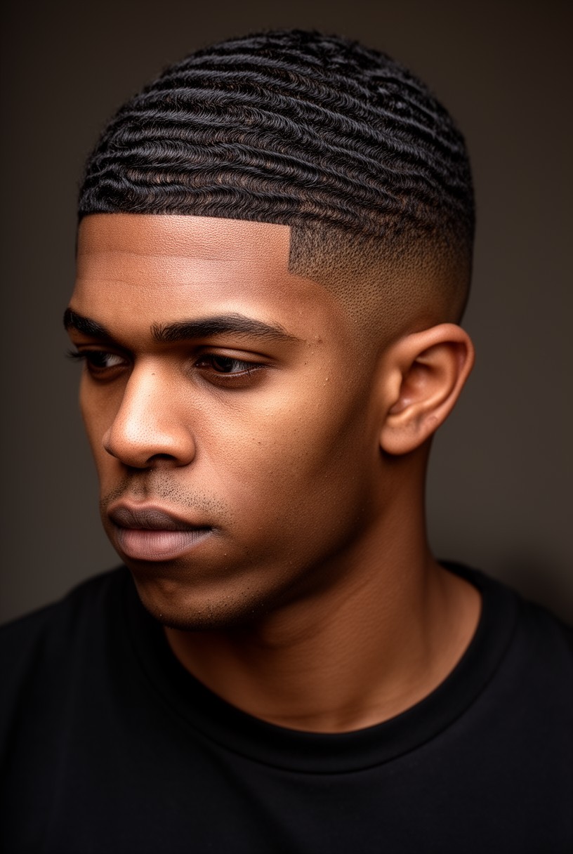 Homme noir avec un taper afro et des 360 waves brossées