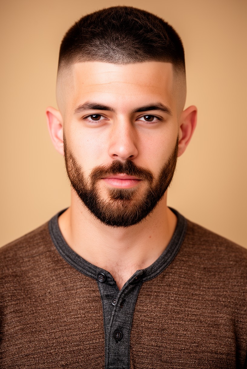 Homme avec un taper bas relié à une barbe courte et taillée