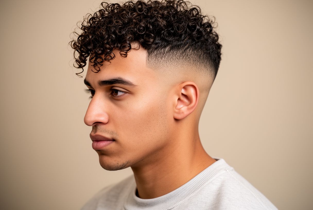 Homme avec un taper bas sur cheveux bouclés