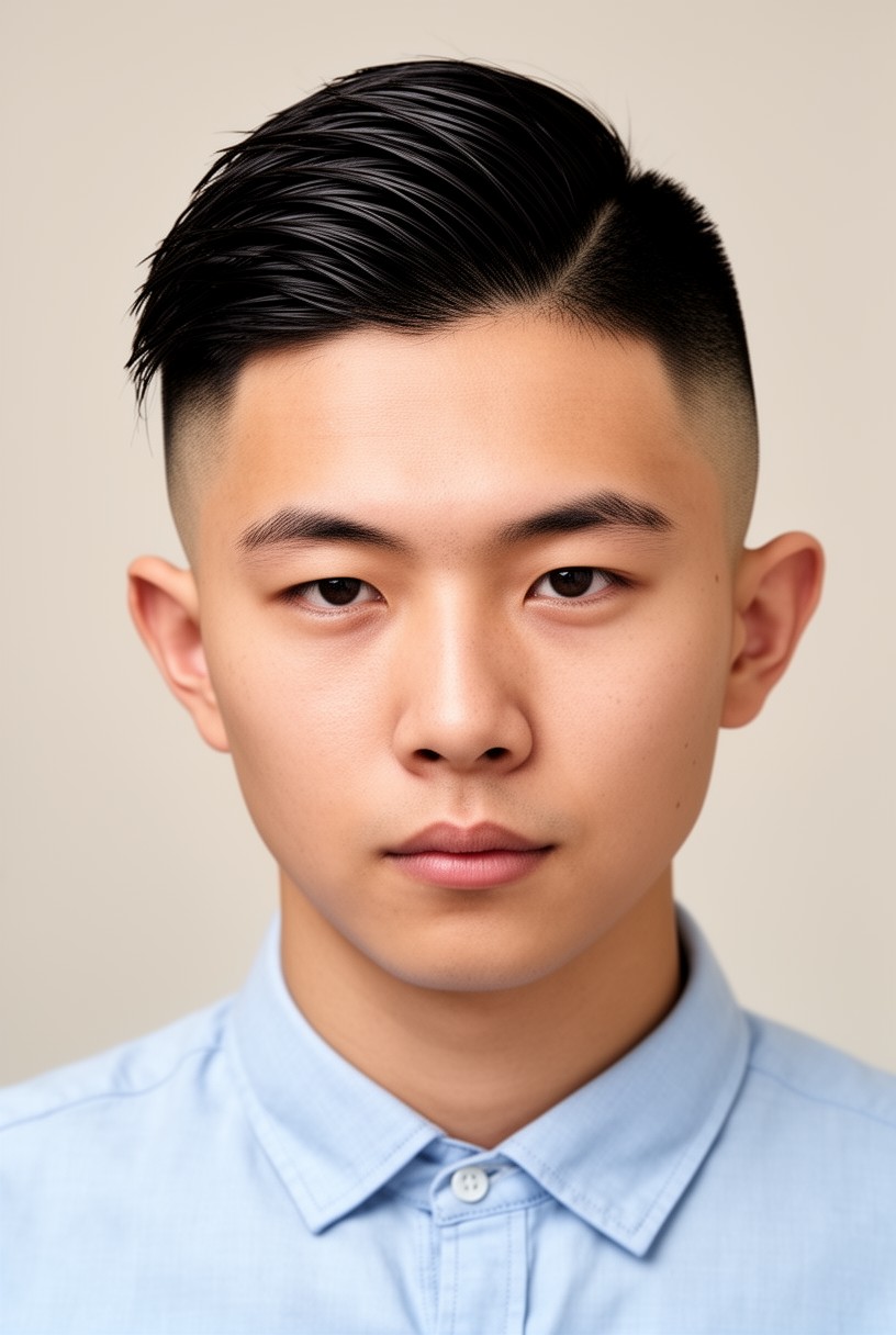 Homme asiatique avec un taper bas et un dessus lissé sur le côté