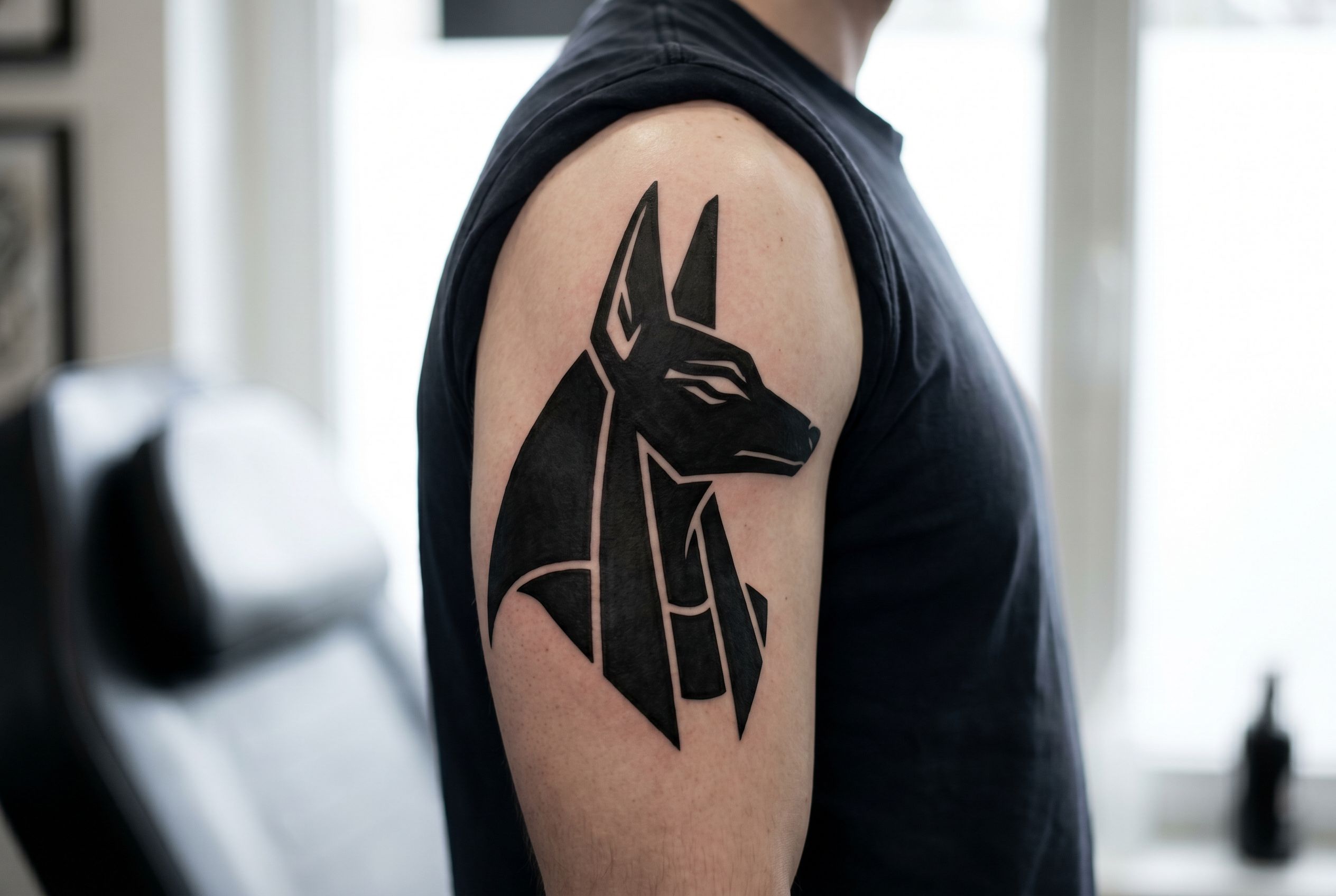 Tatouage Anubis blackwork sur l'avant-bras