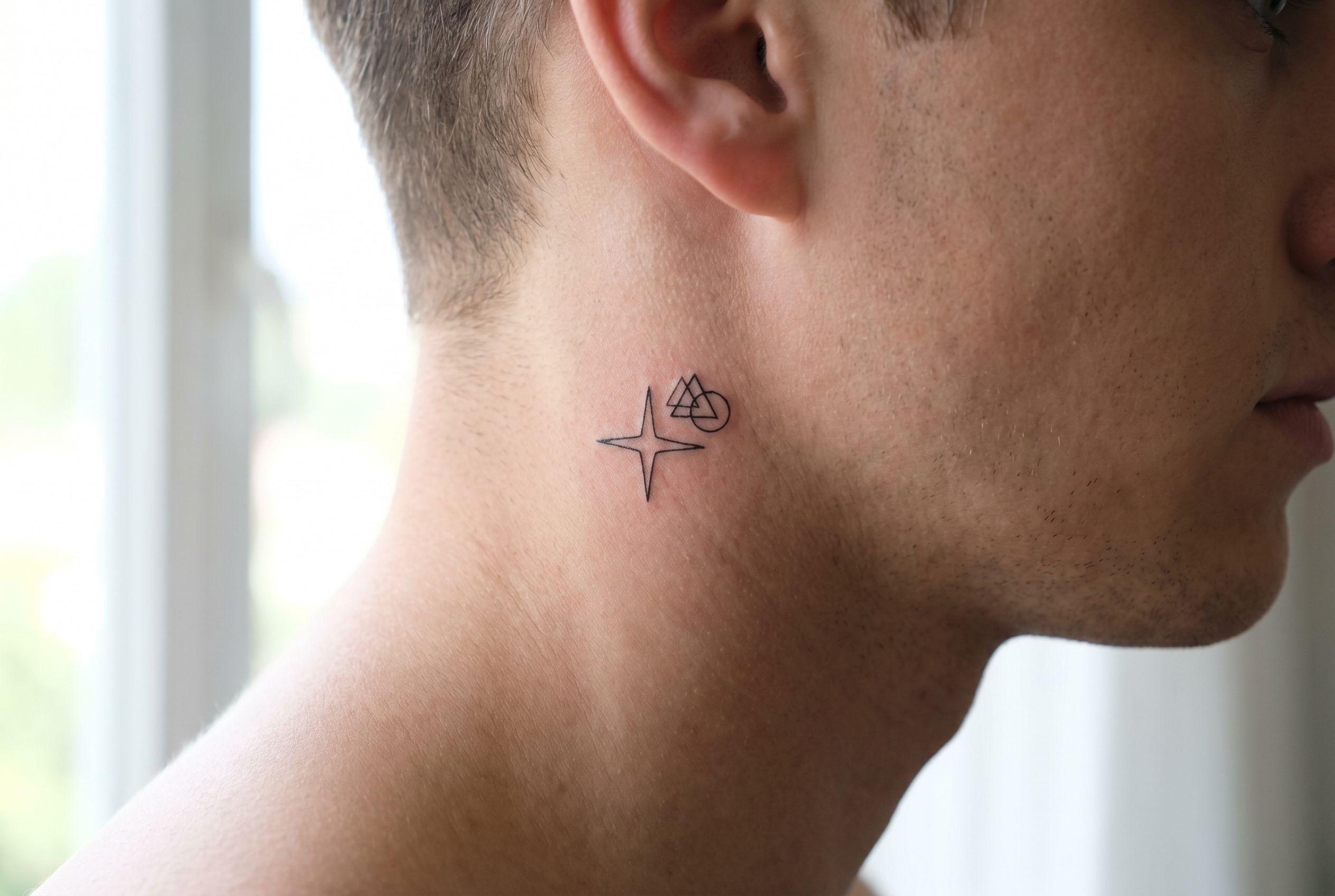 Petit tatouage symbolique sous l'oreille d'un homme