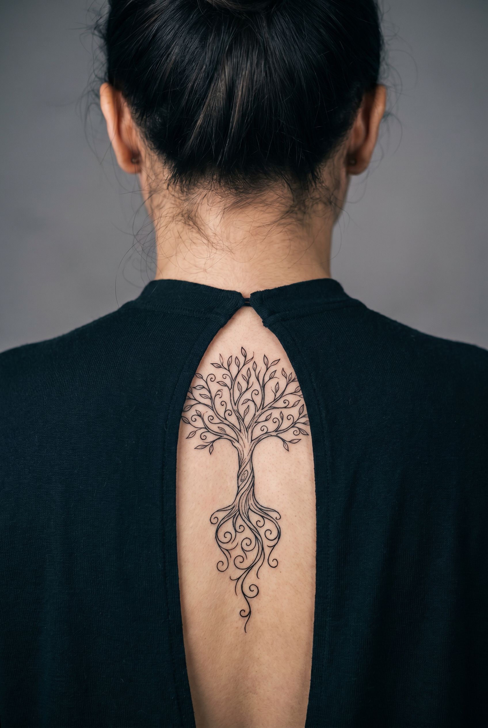 Tatouage arbre de vie vertical le long de la colonne vertebrale d'une femme