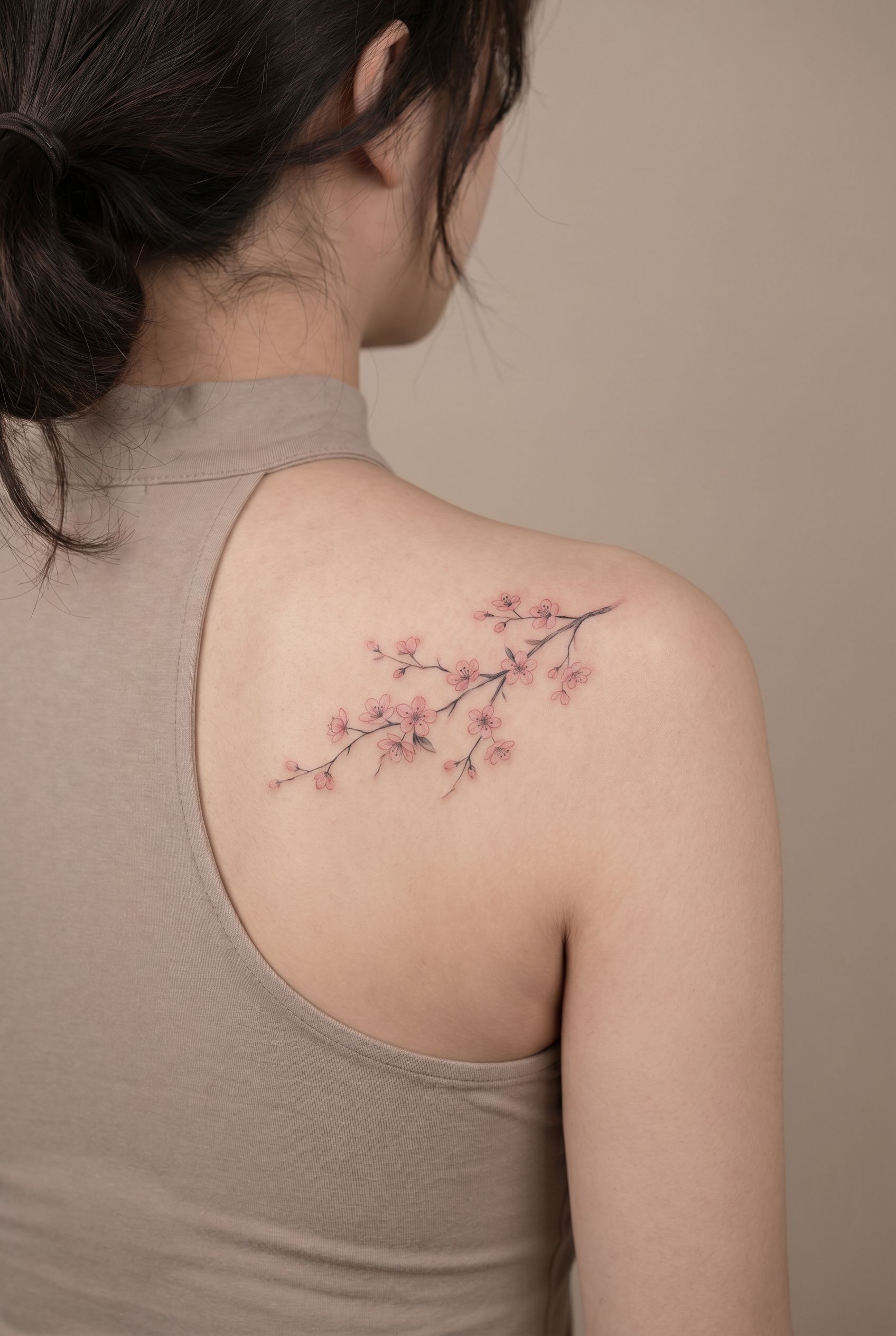 Tatouage de branche de cerisier japonais avec fleurs de sakura sur l'omoplate