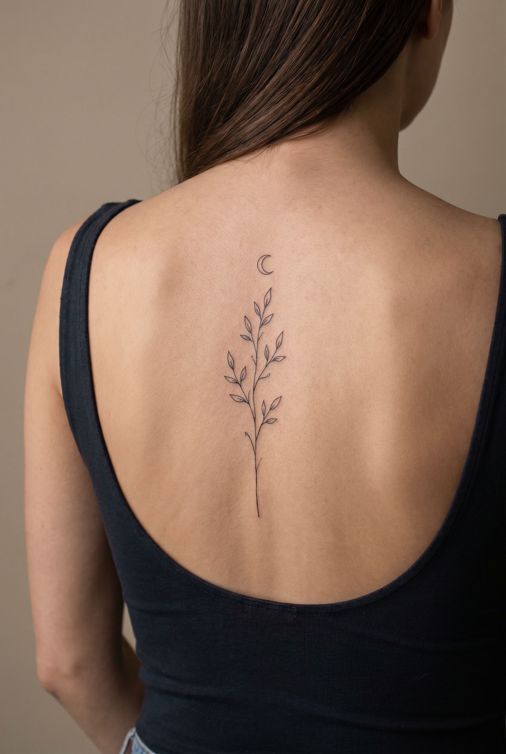 Tatouage minimaliste fine ligne, tige botanique et croissant de lune le long de la colonne vertebrale