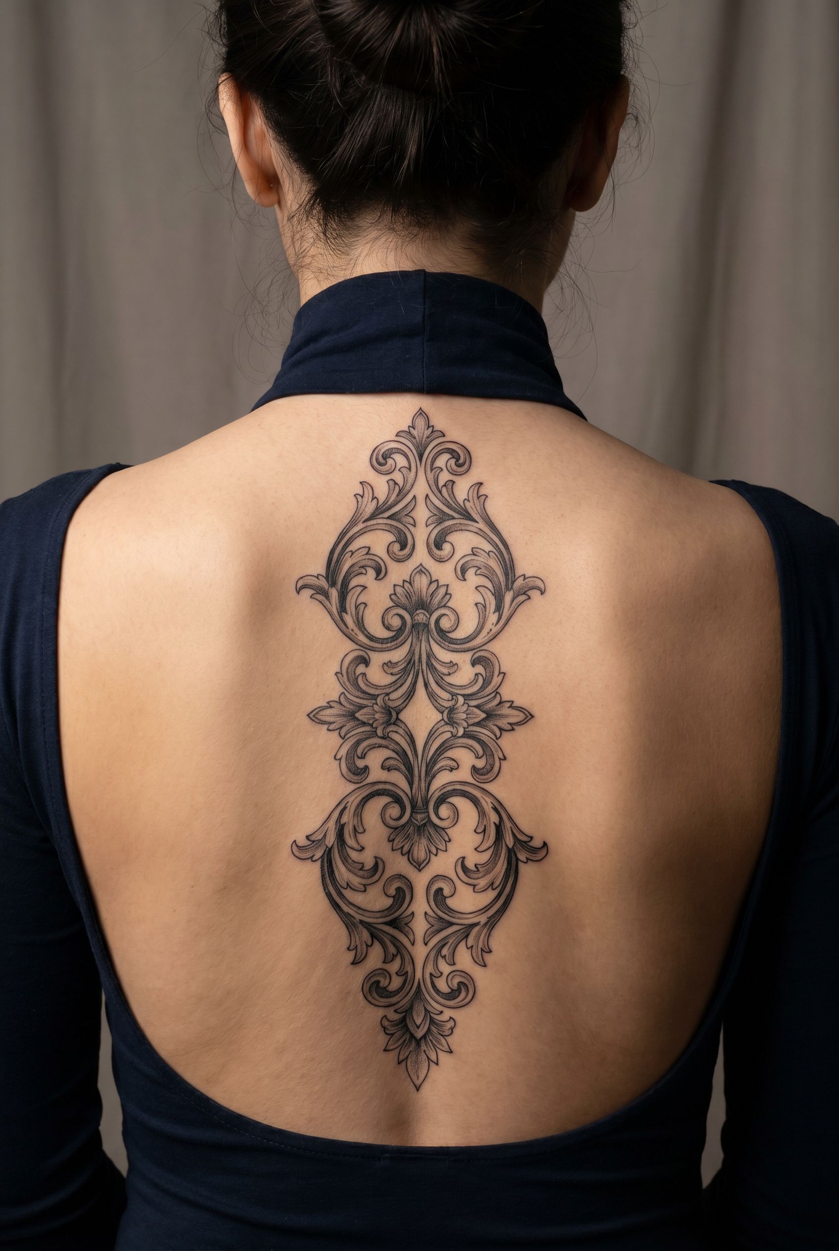 Tatouage d'ornements baroques et arabesques le long de la colonne vertebrale