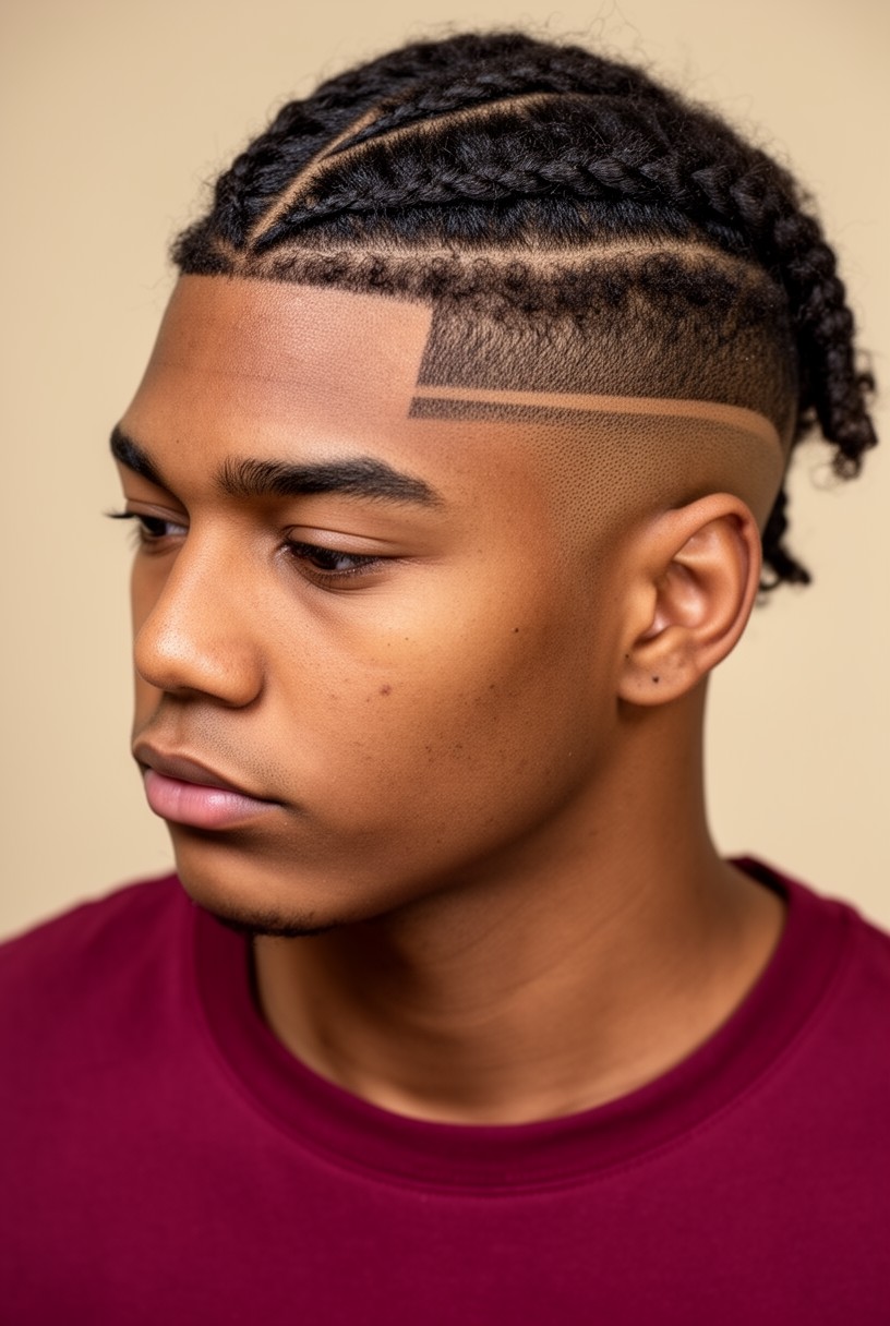 Homme avec des cornrows et un dessin géométrique rasé à la tempe