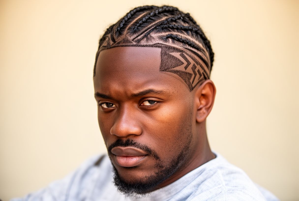 Homme avec des tresses collées à motifs géométriques
