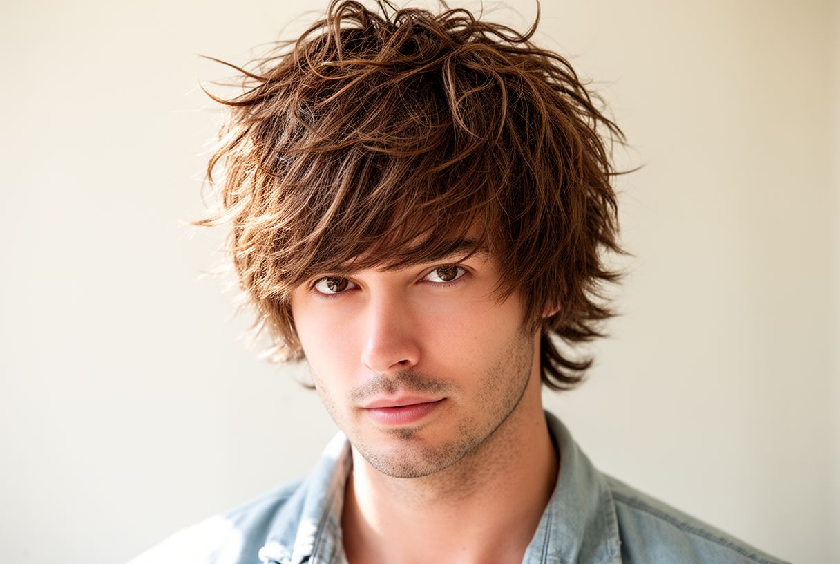 Homme avec un wolf cut texturisé et volumineux