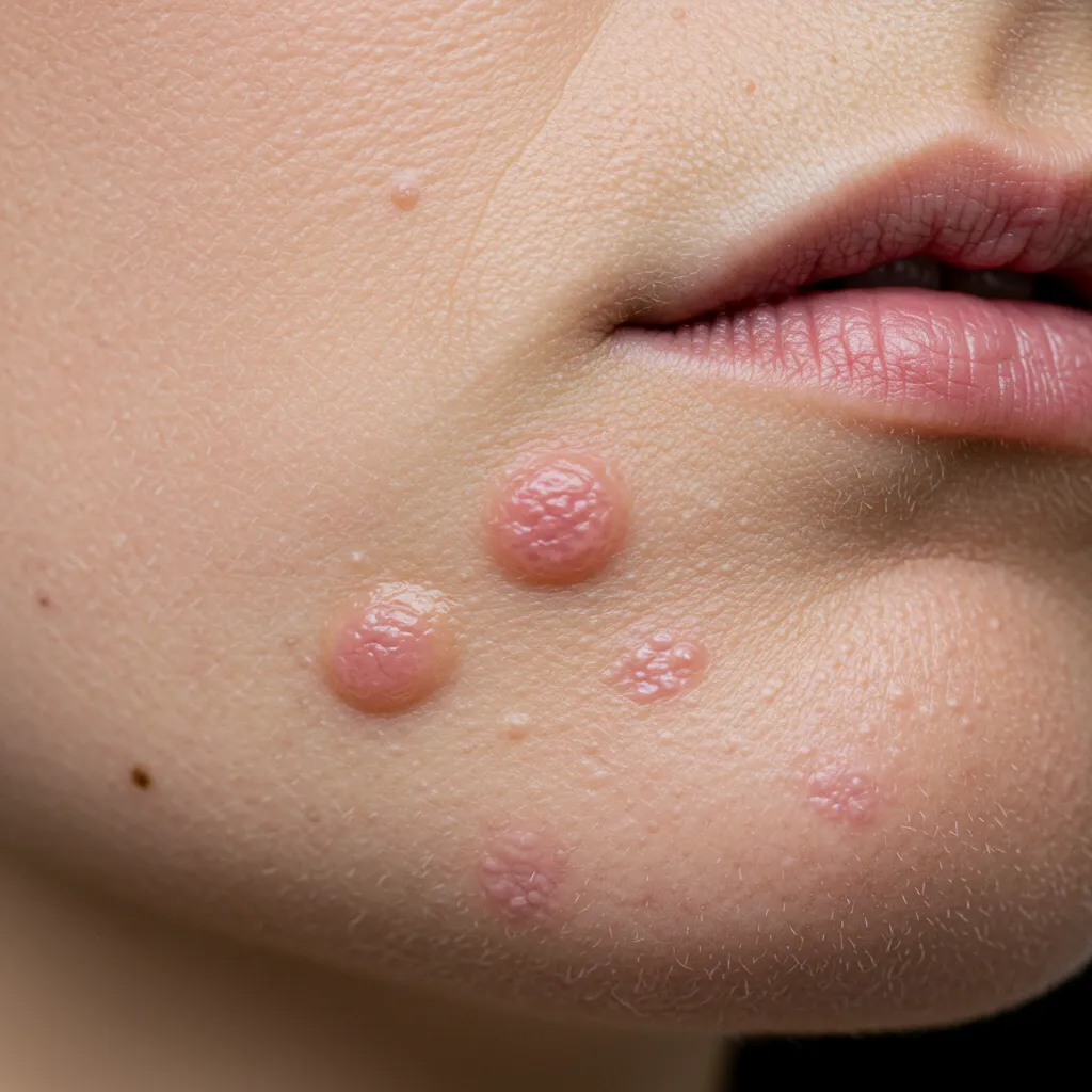 Gros plan détaillé montrant différents types de lésions acnéiques sur le menton : microkystes, pustules et papules