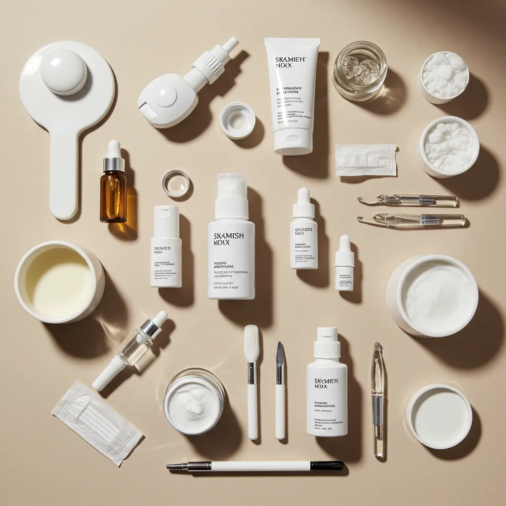 Arrangement de produits de soins dermatologiques et traitements médicaux photographiés de dessus