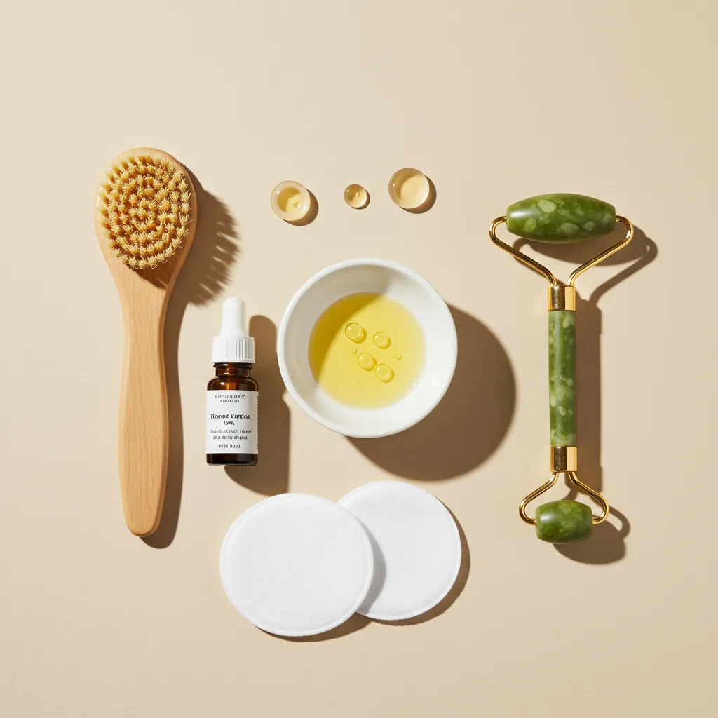 Protocole d'application d'autobronzant visage étape par étape avec pinceau, gouttes, coton et rouleau de jade