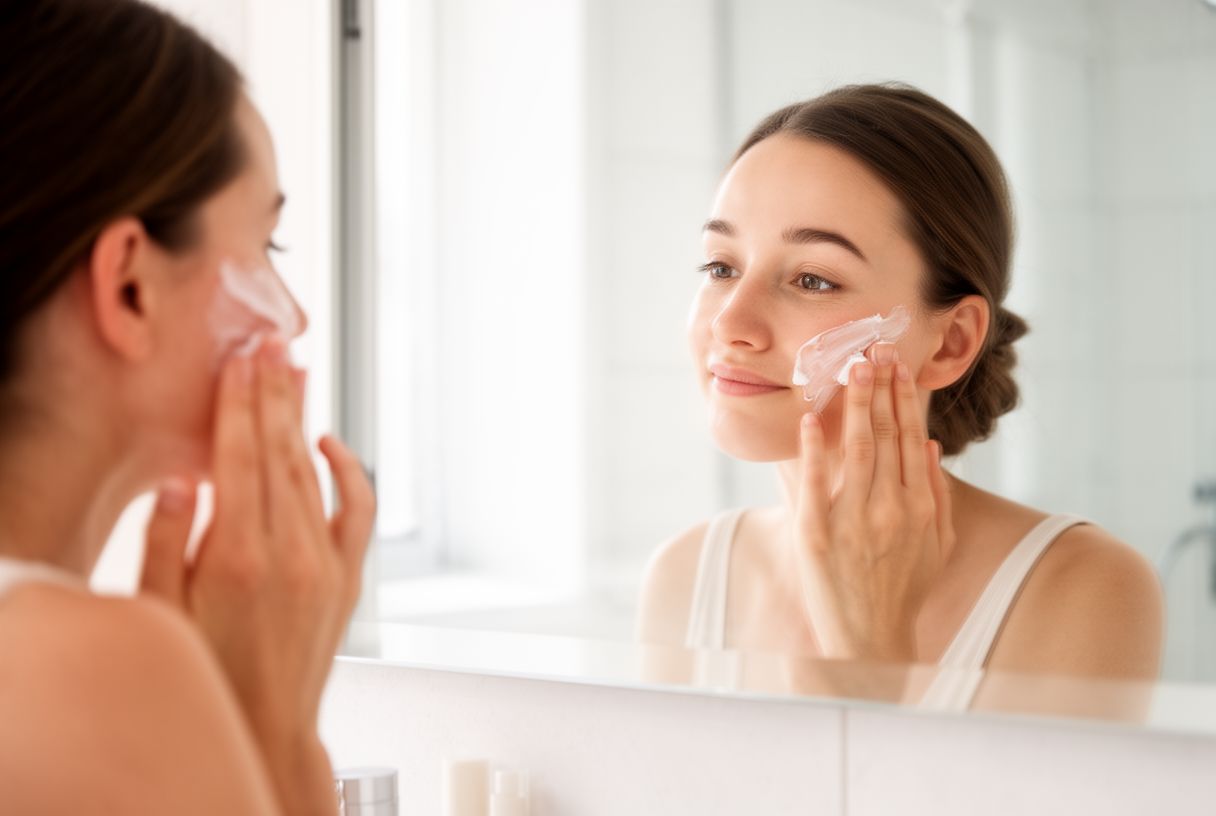 Femme appliquant un soin hydratant le matin, geste clé pour préserver la jeunesse de la peau