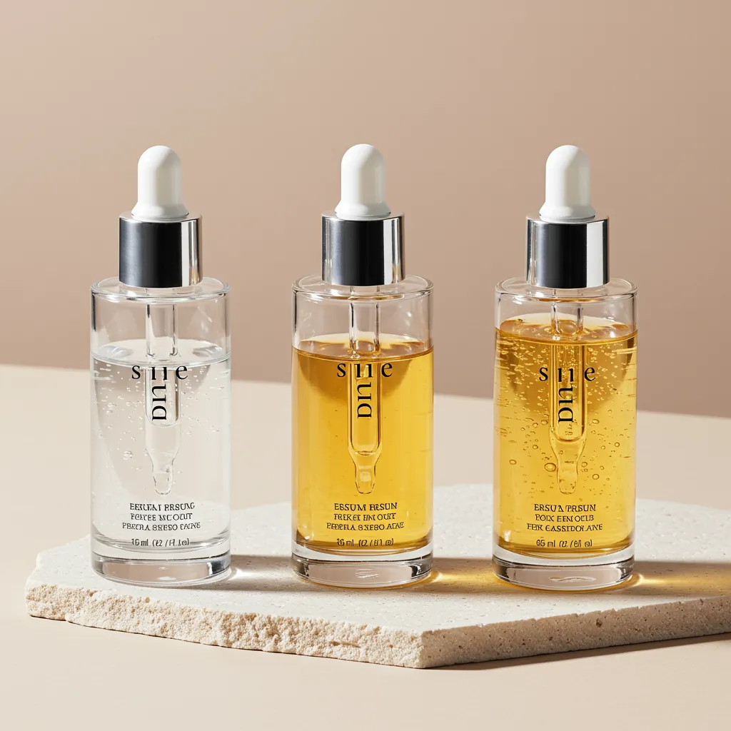 Trois flacons de sérum aux textures différentes illustrant les familles d'acides AHA, BHA et PHA