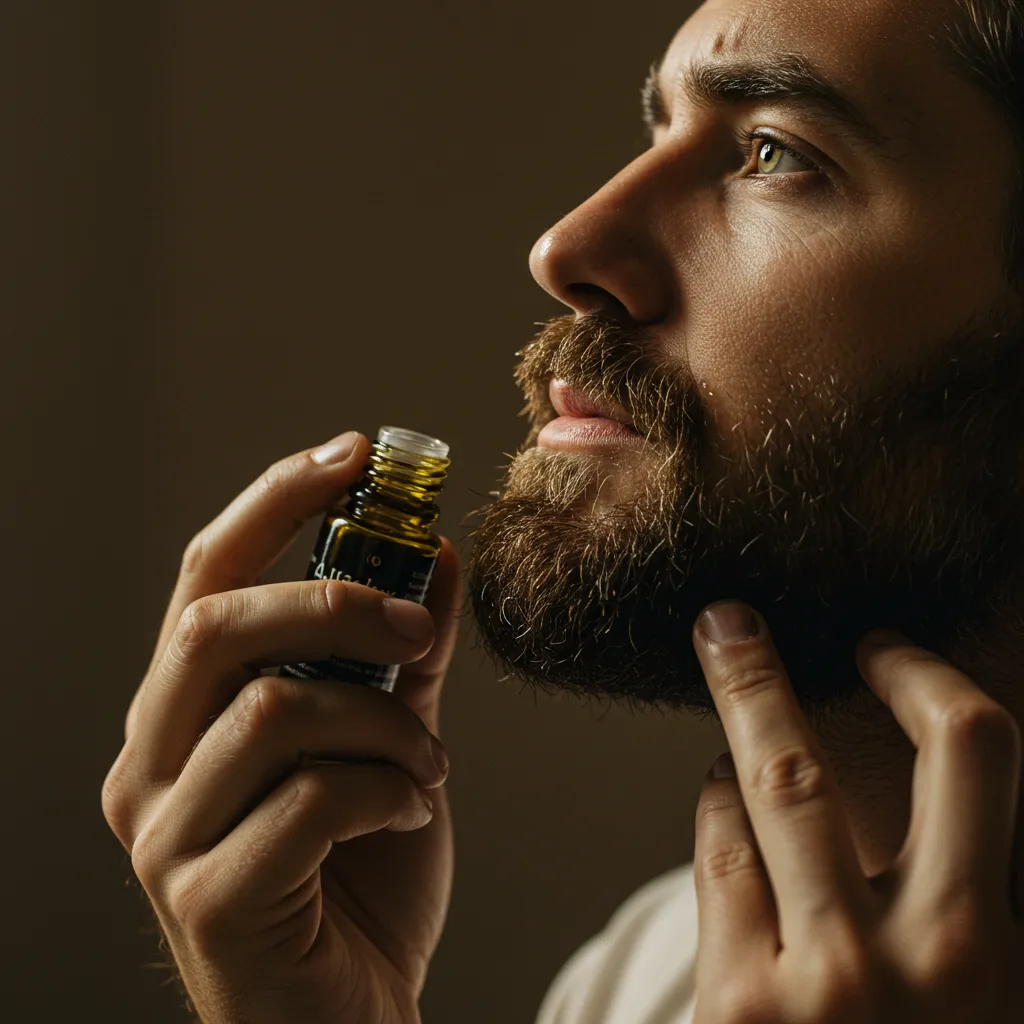 Application d'une huile de barbe sur une barbe lors de la routine de soin quotidienne