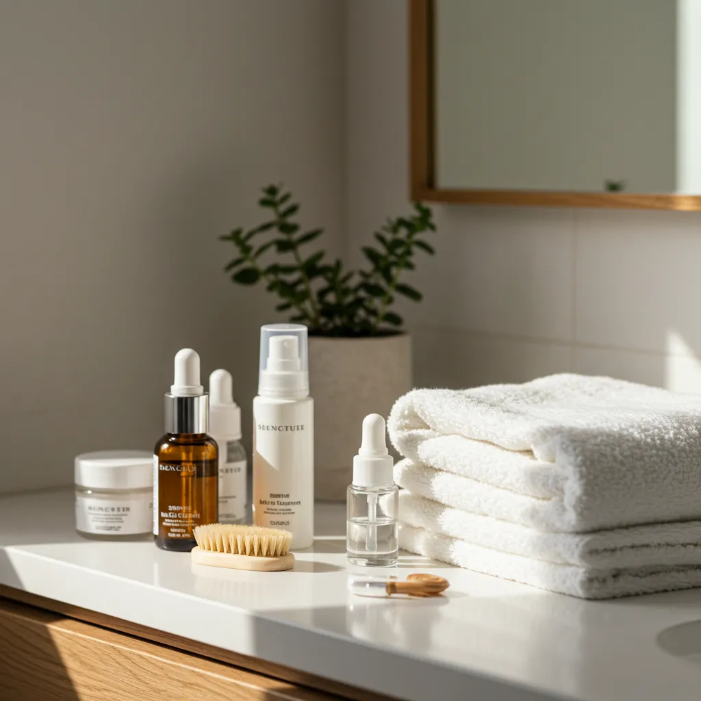 Rituel de soin matinal minimaliste avec flacons en verre et plante verte sur plan de salle de bain