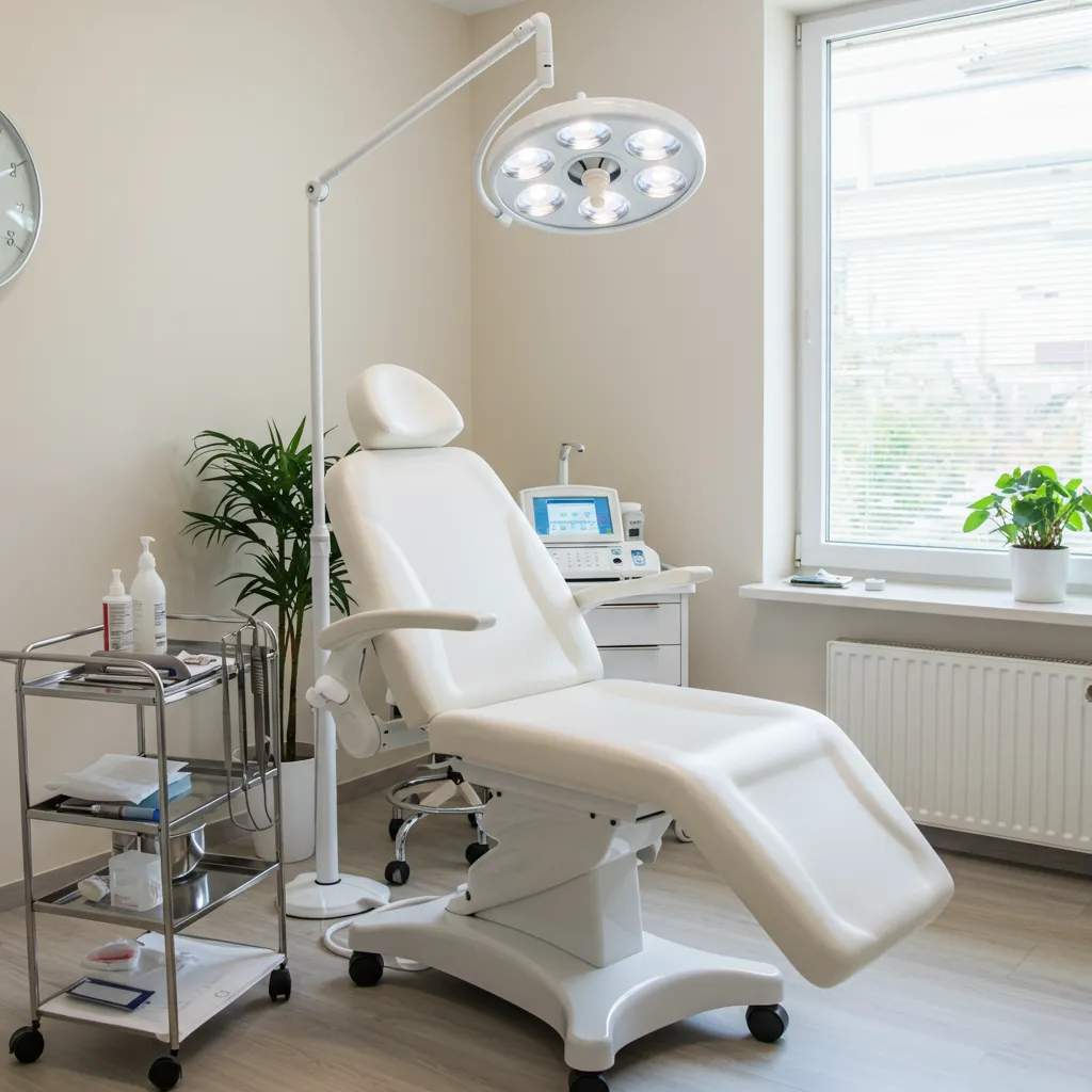Cabinet de dermatologie moderne et lumineux avec fauteuil d'examen et instruments stériles pour extraction professionnelle de points noirs