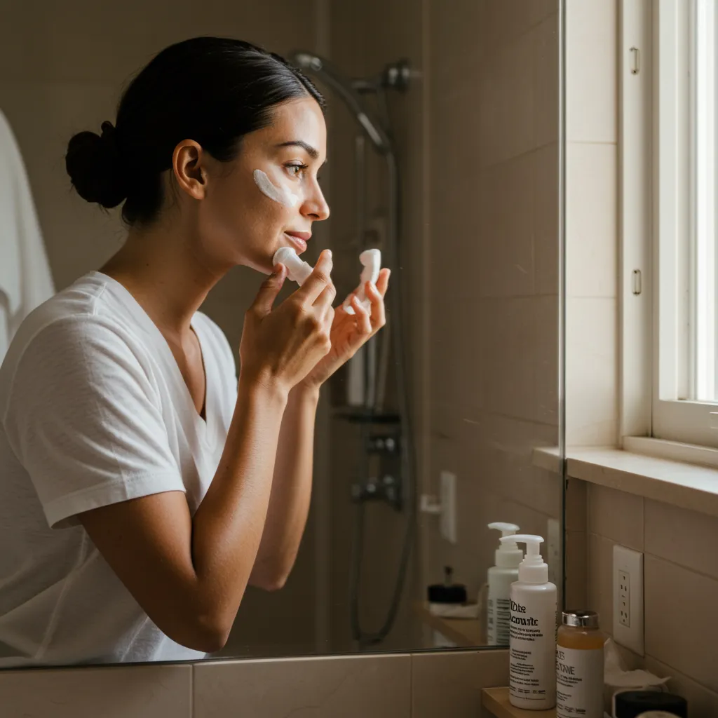 Femme effectuant sa routine de soins de la peau avec double nettoyage devant un miroir