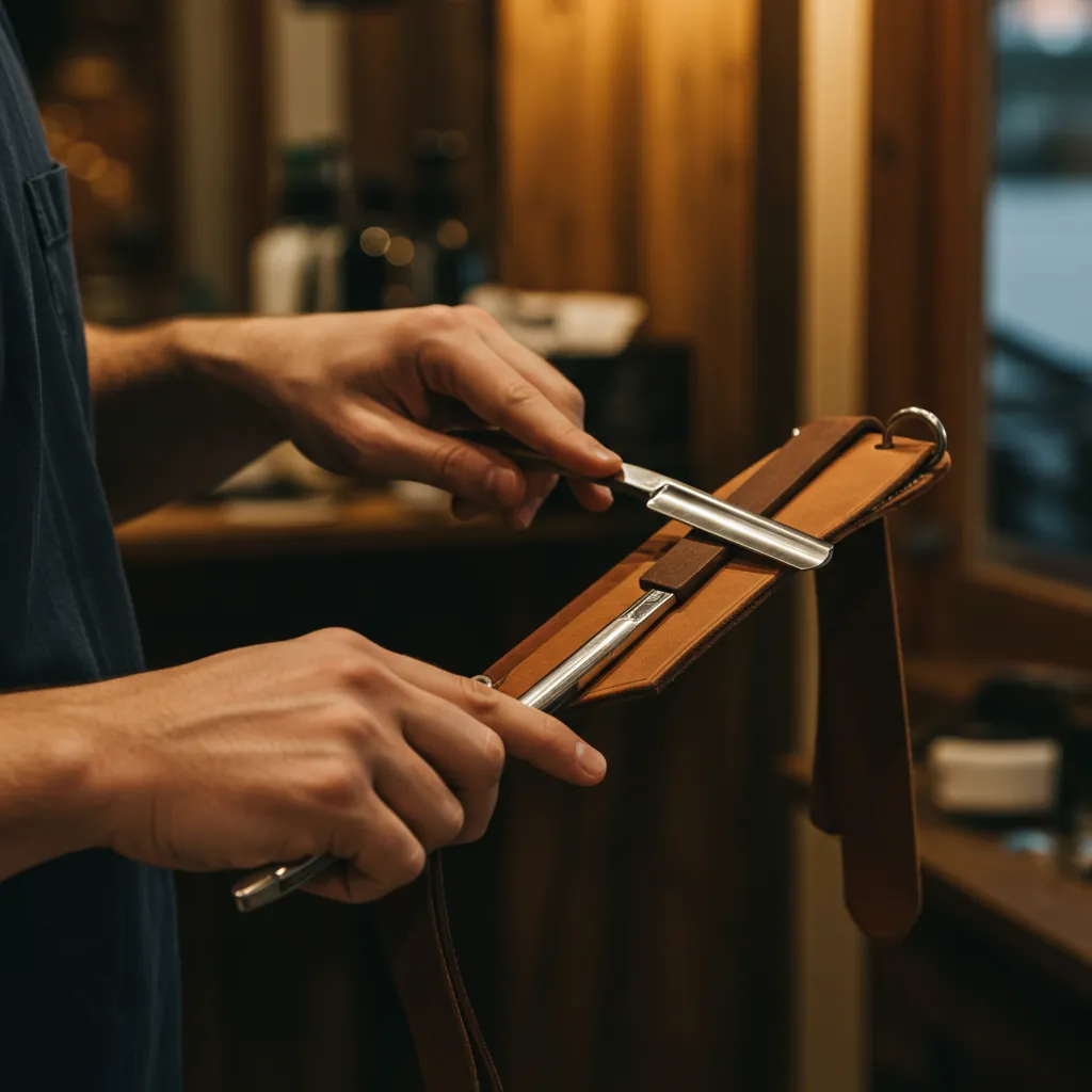 Mains effectuant l'affilage d'un rasoir droit sur un cuir suspendu, technique du strop en lumière naturelle chaude