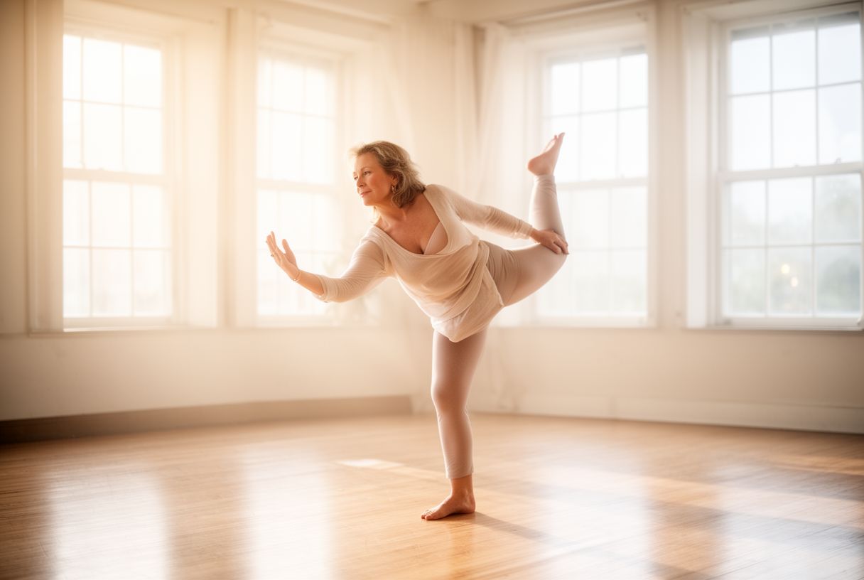 Femme réalisant des exercices doux d'étirement dans un studio lumineux