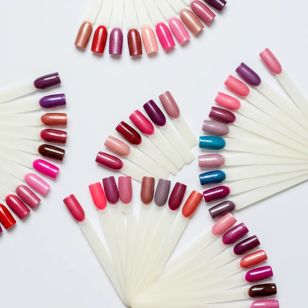 Palette de couleurs de vernis à ongles organisée montrant les différentes familles chromatiques pour la color french manucure