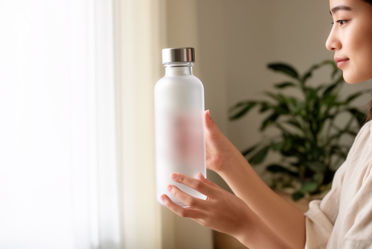 Femme tenant une gourde en verre réutilisable près d'une fenêtre lumineuse