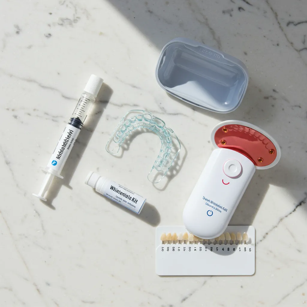 Kit de blanchiment dentaire à domicile comprenant gouttière, gel blanchissant et dispositif LED sur un plan de salle de bain en marbre