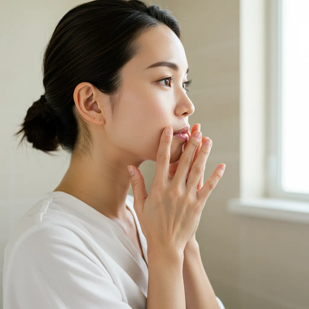Technique K-Beauty d'application du toner visage avec les paumes des mains pour une absorption optimale