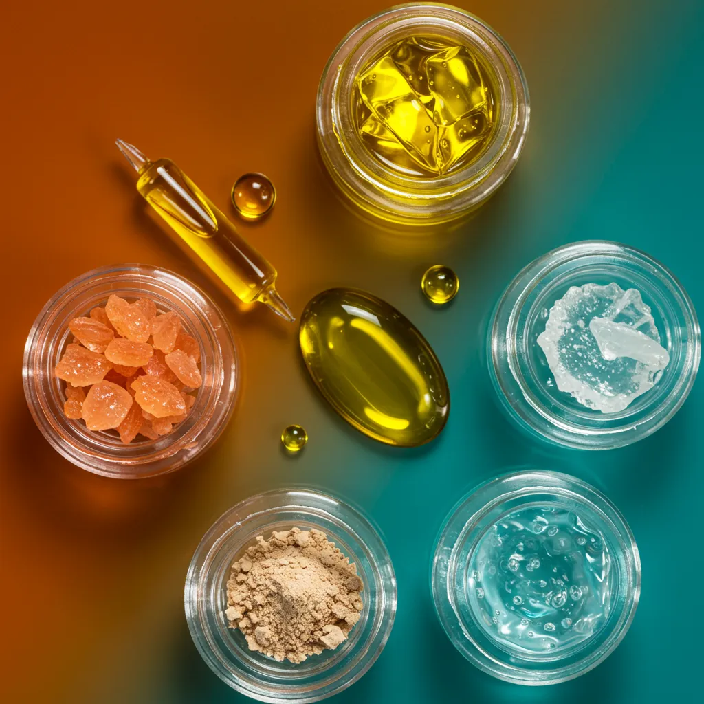 Gros plan des ingrédients naturels clés pour un teint éclatant : vitamine C, acide hyaluronique, huile de Moringa