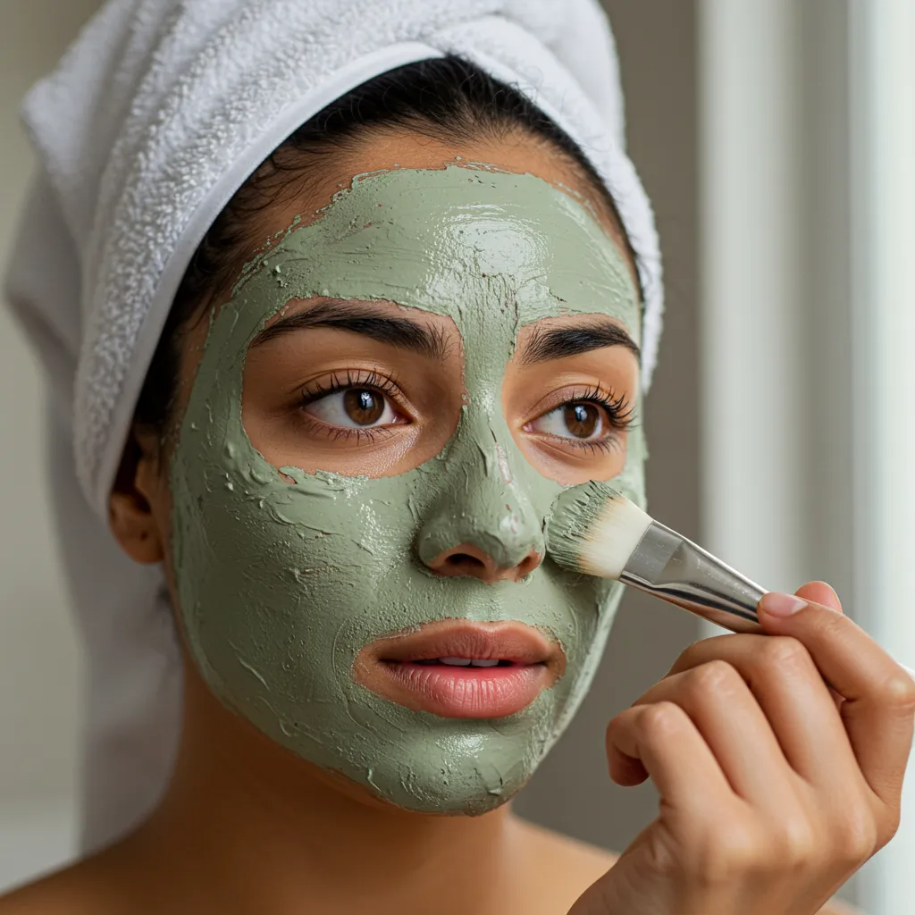 Application d'un masque à l'argile verte au pinceau sur le visage en évitant le contour des yeux et de la bouche