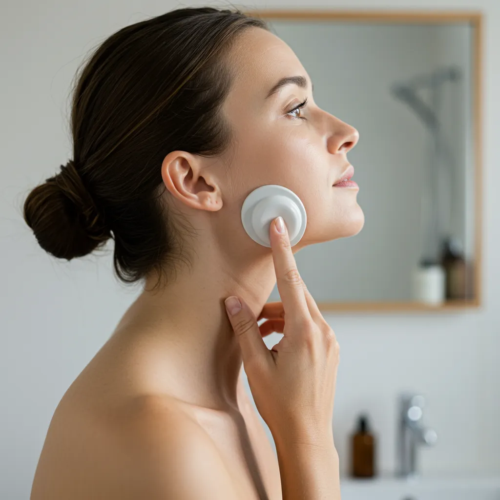 Technique de drainage lymphatique facial réalisée à domicile, geste de pression légère du menton vers la clavicule