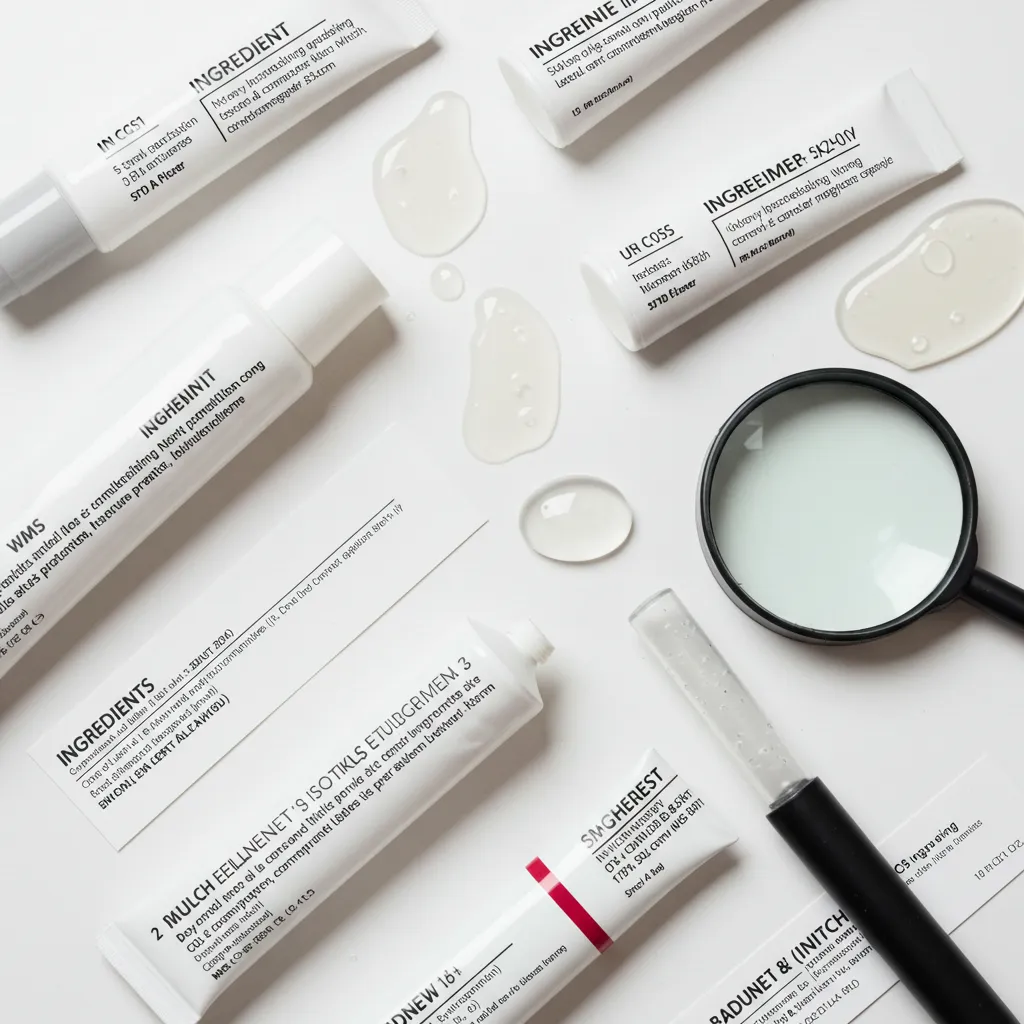 Gros plan sur la liste des ingrédients INCI d'un produit cosmétique, illustrant l'analyse des formulations à éviter selon son profil