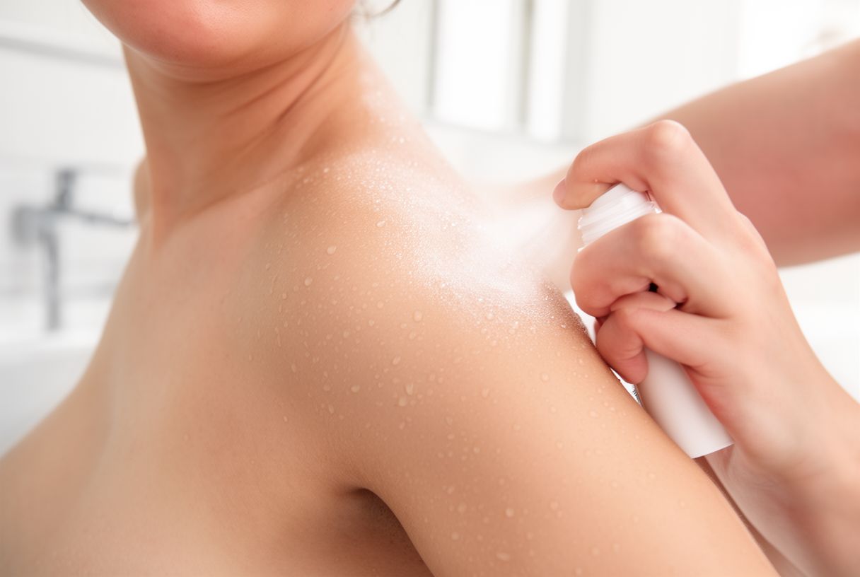 Femme appliquant du déodorant dans une salle de bain lumineuse le matin