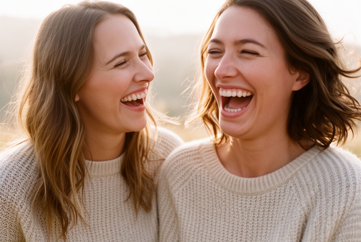 Deux femmes du même âge souriant à la lumière douce du matin