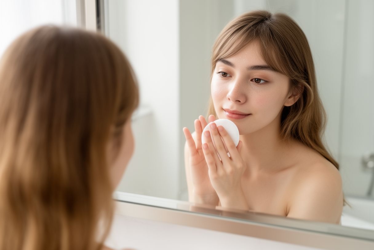 Jeune femme appliquant délicatement un soin exfoliant doux devant son miroir