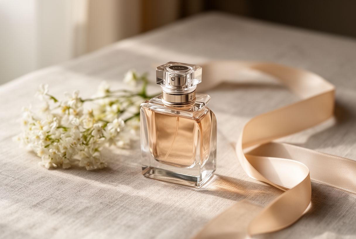 Flacon de parfum élégant posé sur du lin avec des fleurs délicates