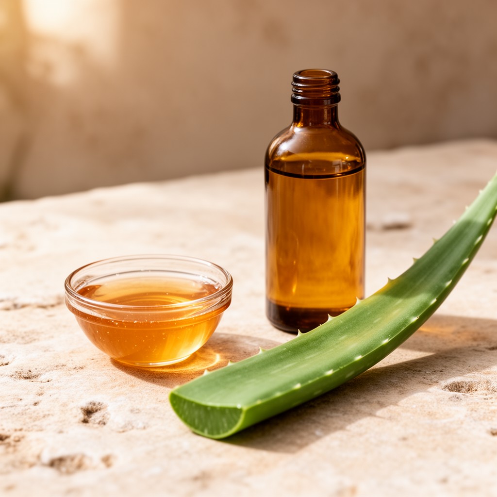 Coupelle de miel, flacon d'huile végétale sans étiquette et feuille d'aloe vera