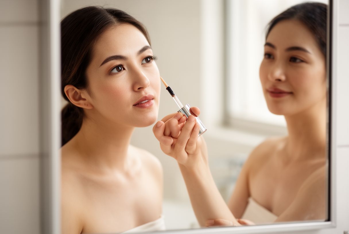 Femme appliquant un sérum fortifiant sur ses cils devant un miroir, ambiance soin naturel