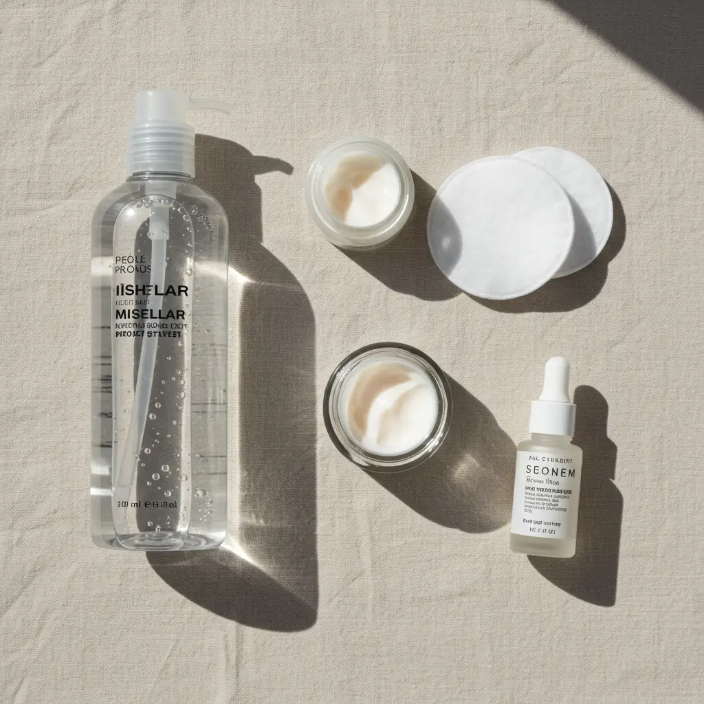 Routine beauté étape par étape avec eau micellaire, sérum et crème hydratante disposés sur du lin, vue de dessus