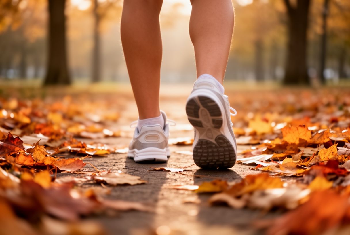 Gros plan de pieds en baskets marchant sur un chemin de parc en automne