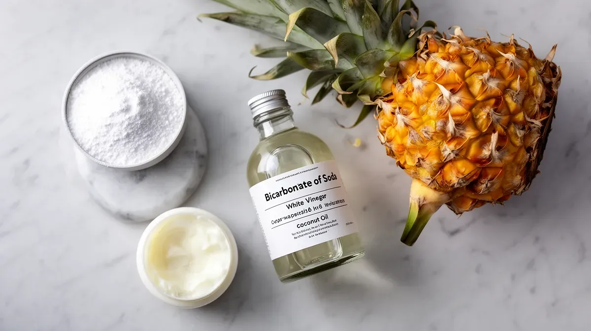 Arrangement de remèdes naturels pour l'hygiène dentaire : bicarbonate, vinaigre blanc et huile de coco
