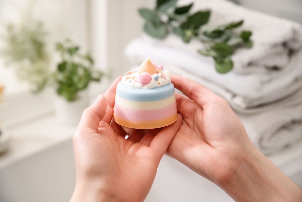 Mains tenant un savon artisanal gourmand imitant une pâtisserie