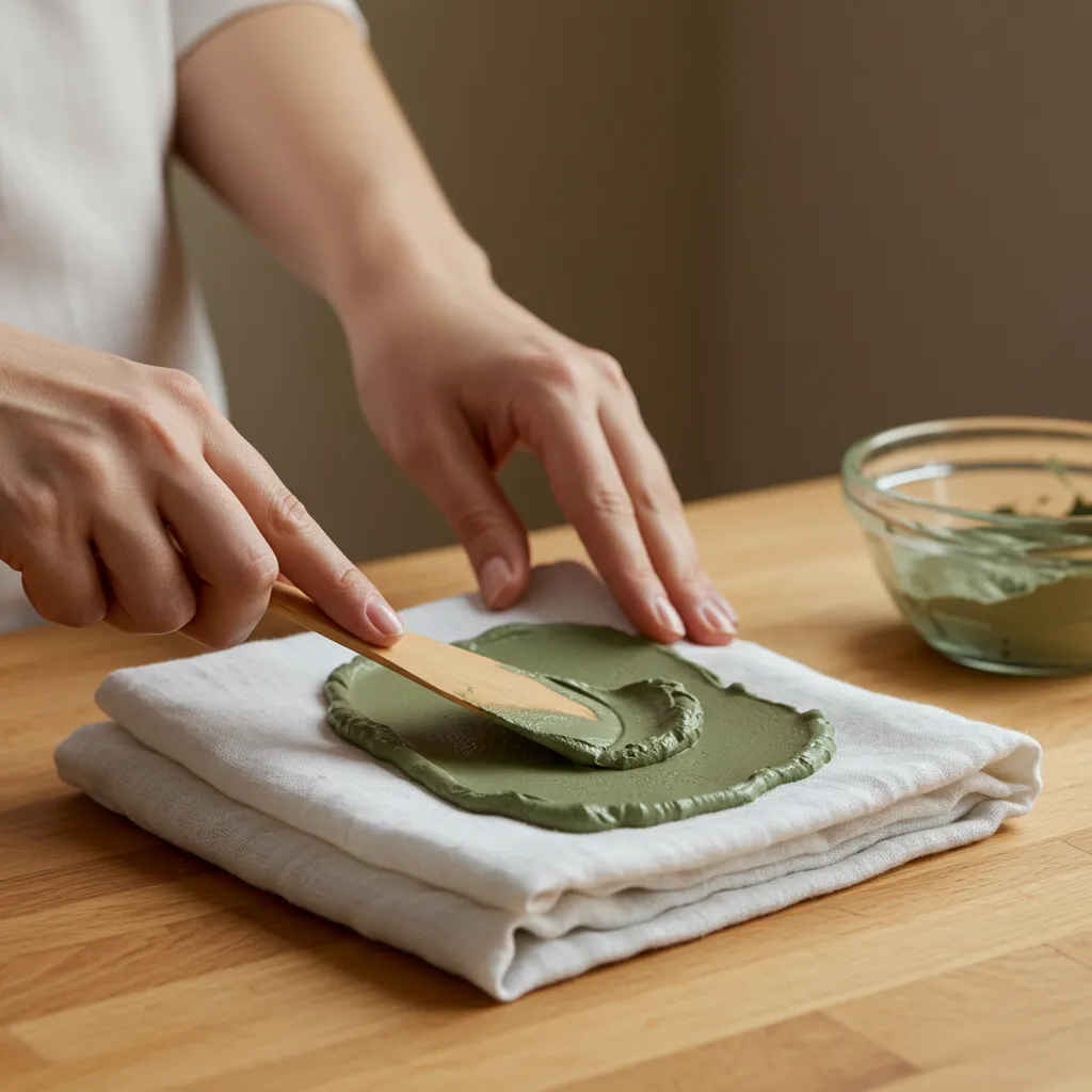 Étalement de la pâte d'argile verte sur un linge propre avec une spatule en bois pour préparer un cataplasme