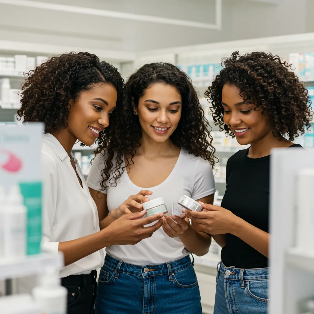 Trois femmes aux profils variés comparant des produits de soin en pharmacie, illustrant les avis utilisatrices