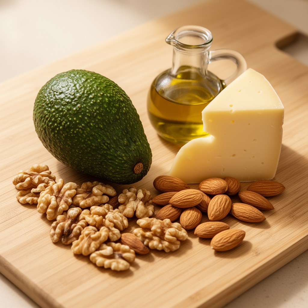 Avocat, noix, fromage et huile d'olive disposés sur un plan de travail en bois