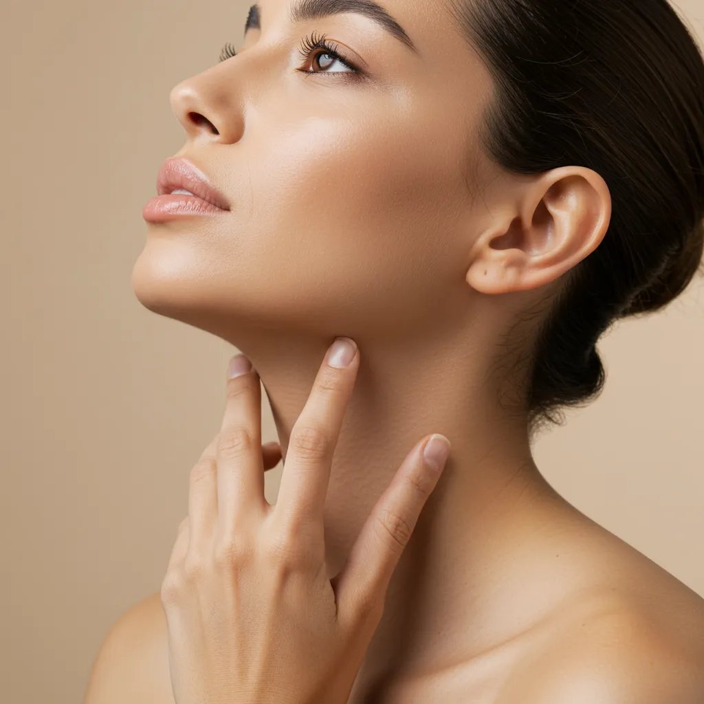 Femme réalisant des tapotements toniques sous le menton pour stimuler la circulation lymphatique