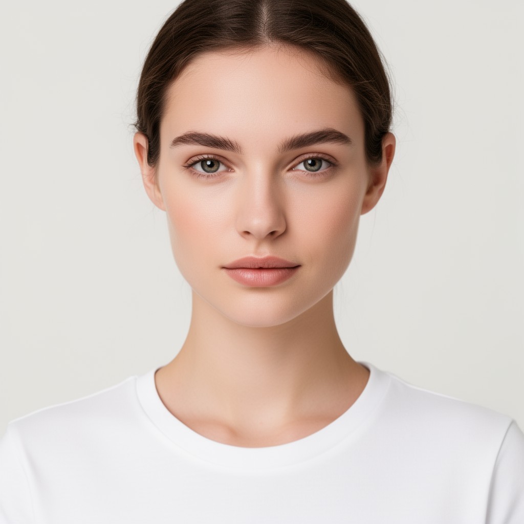 Jeune femme de face, bouche fermée et posture de tête alignée