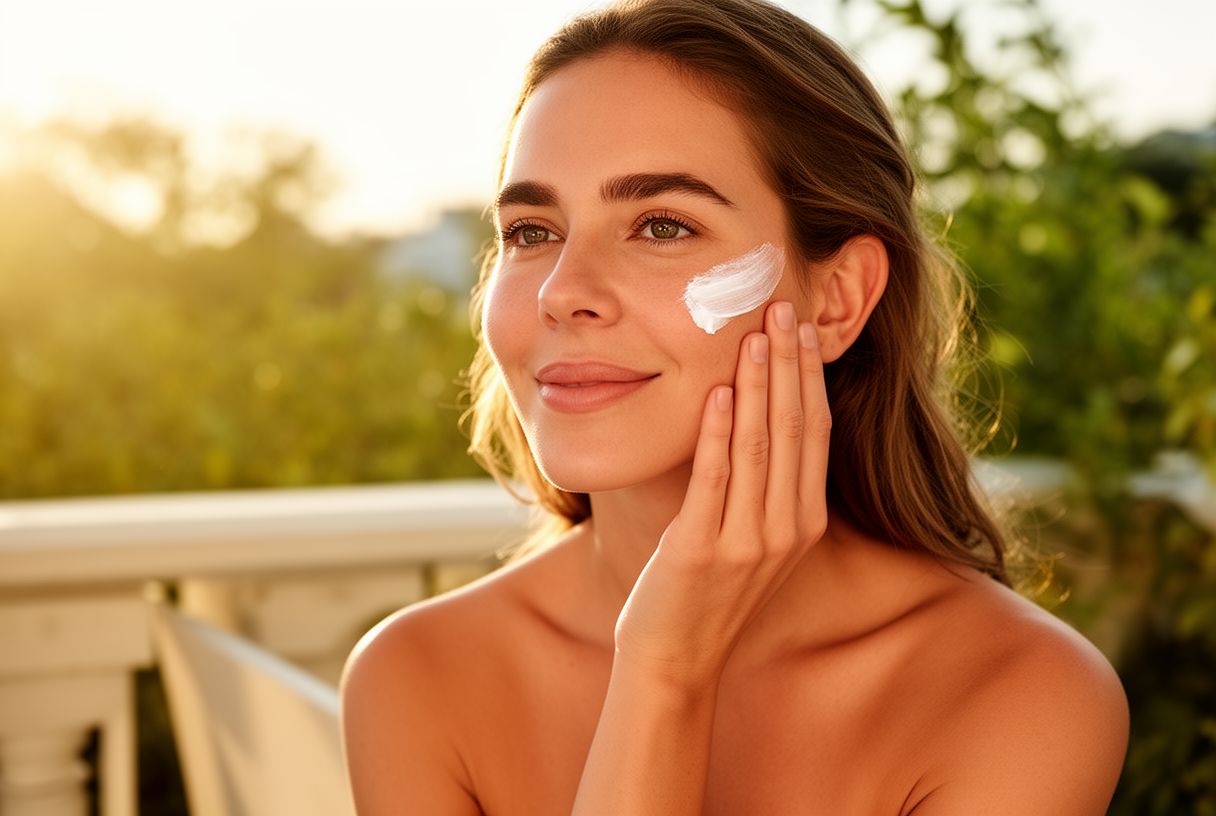Une femme applique sa crème solaire sur le visage en extérieur par une journée ensoleillée