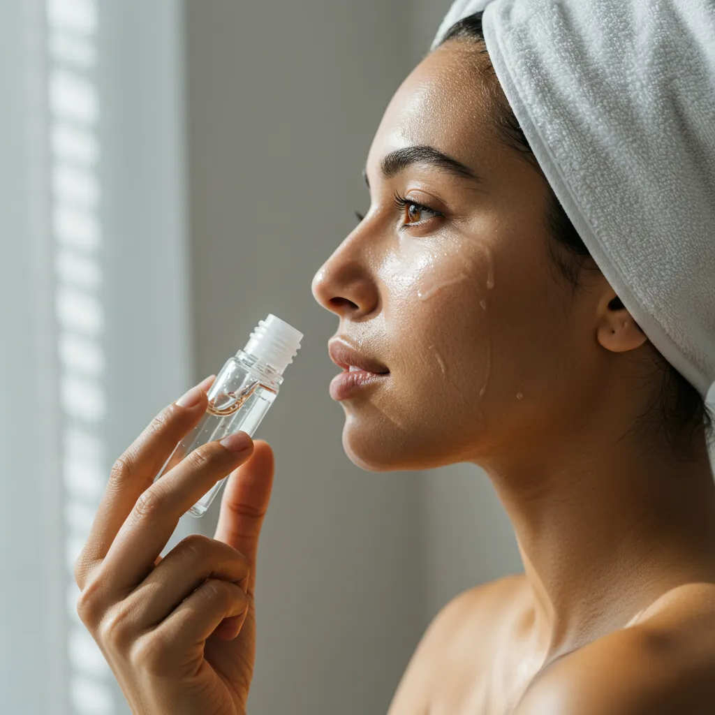 Application d'eau de bouleau sur la peau du visage avec lumière naturelle douce